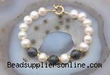 CFB1061 Hand-knotted 9mm - 10mm potato white freshwater pearl & black labradorite bracelet