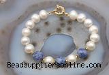 CFB1063 Hand-knotted 9mm - 10mm potato white freshwater pearl & blue spot stone bracelet