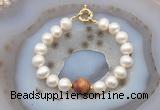 CFB1068 Hand-knotted 9mm - 10mm potato white freshwater pearl & picasso jasper bracelet