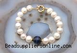 CFB1072 Hand-knotted 9mm - 10mm potato white freshwater pearl & blue tiger eye bracelet