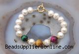 CFB1074 Hand-knotted 9mm - 10mm potato white freshwater pearl & colorful tiger eye bracelet