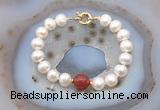 CFB1078 Hand-knotted 9mm - 10mm potato white freshwater pearl & red agate bracelet