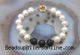 CFB1080 Hand-knotted 9mm - 10mm potato white freshwater pearl & black lava bracelet