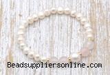 CFB600 6-7mm potato white freshwater pearl & rose quartz stretchy bracelet