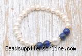 CFB616 6-7mm potato white freshwater pearl & lapis lazuli stretchy bracelet