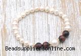 CFB619 6-7mm potato white freshwater pearl & red tiger eye stretchy bracelet