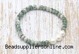 CFB716 faceted rondelle Qinghai jade & potato white freshwater pearl stretchy bracelet