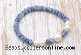 CFB720 faceted rondelle blue spot stone & potato white freshwater pearl stretchy bracelet