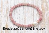 CFB727 faceted rondelle pink wooden jasper & potato white freshwater pearl stretchy bracelet