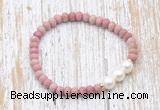 CFB728 faceted rondelle pink wooden jasper & potato white freshwater pearl stretchy bracelet