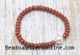 CFB730 faceted rondelle red jasper & potato white freshwater pearl stretchy bracelet