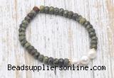 CFB743 faceted rondelle dragon blood jasper & potato white freshwater pearl stretchy bracelet