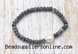 CFB751 faceted rondelle black labradorite & potato white freshwater pearl stretchy bracelet