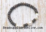 CFB756 faceted rondelle bronzite & potato white freshwater pearl stretchy bracelet