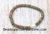 CFB757 faceted rondelle unakite & potato white freshwater pearl stretchy bracelet