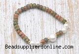 CFB759 faceted rondelle unakite & potato white freshwater pearl stretchy bracelet