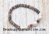 CFB765 faceted rondelle rhodonite & potato white freshwater pearl stretchy bracelet