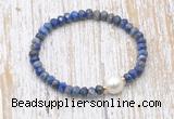 CFB772 faceted rondelle lapis lazuli & potato white freshwater pearl stretchy bracelet