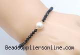 CFB825 4mm faceted round black tourmaline & potato white freshwater pearl bracelet