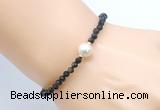 CFB828 4mm faceted round golden obsidian & potato white freshwater pearl bracelet