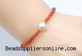 CFB832 4mm faceted round red agate & potato white freshwater pearl bracelet