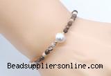 CFB839 4mm faceted round brown zebra jasper & potato white freshwater pearl bracelet