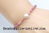 CFB841 4mm faceted round pink wooden jasper & potato white freshwater pearl bracelet