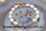 CFB905 Hand-knotted 9mm - 10mm rice white freshwater pearl & lavender amethyst bracelet