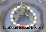 CFB920 Hand-knotted 9mm - 10mm rice white freshwater pearl & red banded agate bracelet