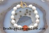 CFB921 Hand-knotted 9mm - 10mm rice white freshwater pearl & red banded agate bracelet