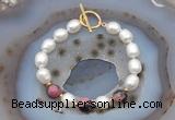 CFB929 Hand-knotted 9mm - 10mm rice white freshwater pearl & rhodonite bracelet