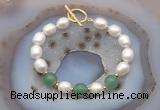 CFB944 Hand-knotted 9mm - 10mm rice white freshwater pearl & green aventurine bracelet