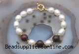 CFB948 Hand-knotted 9mm - 10mm rice white freshwater pearl & brecciated jasper bracelet