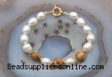 CFB950 Hand-knotted 9mm - 10mm rice white freshwater pearl & picture jasper bracelet