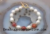 CFB961 Hand-knotted 9mm - 10mm rice white freshwater pearl & fire agate bracelet