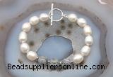 CFB969 Hand-knotted 9mm - 10mm rice white freshwater pearl & grey picture jasper bracelet