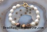 CFB970 Hand-knotted 9mm - 10mm rice white freshwater pearl & brown zebra jasper bracelet