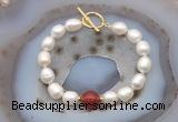 CFB974 Hand-knotted 9mm - 10mm rice white freshwater pearl & red agate bracelet