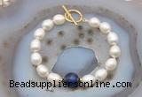 CFB980 Hand-knotted 9mm - 10mm rice white freshwater pearl & blue tiger eye bracelet