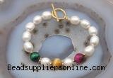 CFB982 Hand-knotted 9mm - 10mm rice white freshwater pearl & colorful tiger eye bracelet