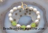 CFB993 Hand-knotted 9mm - 10mm rice white freshwater pearl & candy jade bracelet