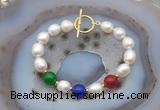 CFB998 Hand-knotted 9mm - 10mm rice white freshwater pearl & colorful candy jade bracelet