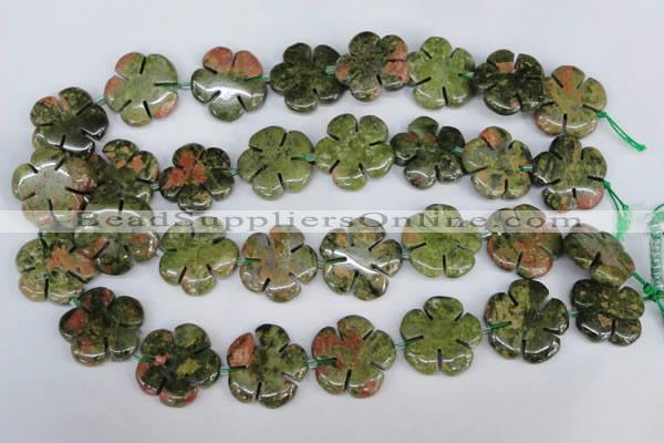 CFG221 15.5 inches 24mm carved flower unakite gemstone beads