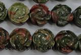 CFG891 15.5 inches 14mm carved flower unakite gemstone beads