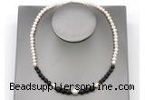 CFN121 potato white freshwater pearl & black lava necklace, 16 - 24 inches