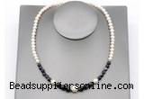 CFN127 potato white freshwater pearl & black banded agate necklace, 16 - 24 inches