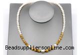 CFN129 potato white freshwater pearl & golden tiger eye necklace, 16 - 24 inches