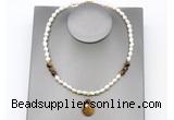 CFN158 baroque white freshwater pearl & yellow tiger eye necklace with pendant