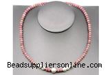 CFN211 4*6mm faceted rondelle pink wooden jasper & potato white freshwater pearl necklace