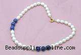 CFN305 Rice white freshwater pearl & lapis lazuli necklace, 16 - 24 inches